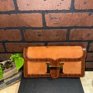 Vintage Meyers Suede & Leather Clutch with Gold H Clasp - Tan Brown